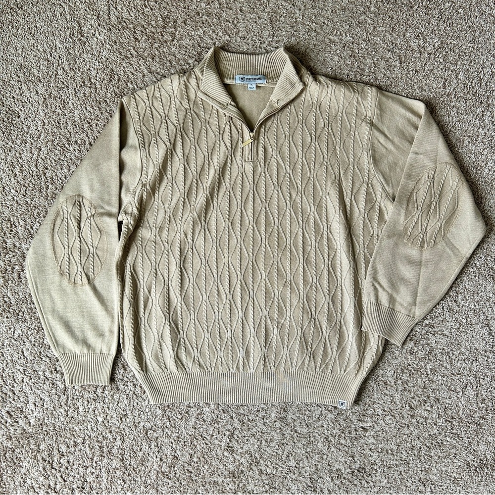Stacy Adams I Men's Tan Cable Knit 1/4 Zip Sweater I XL I Elbow Patches I Golf